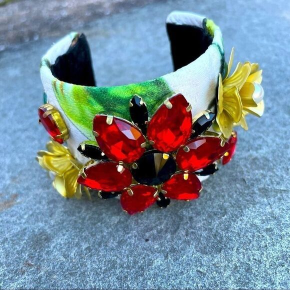 Baroque Pearl Boho Jeweled Floral Rhinestones, Beads, Chunky Cuff Bracelet - Picture 2 of 9